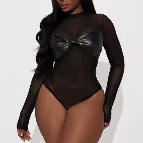 Leather Patchwork Mesh Top