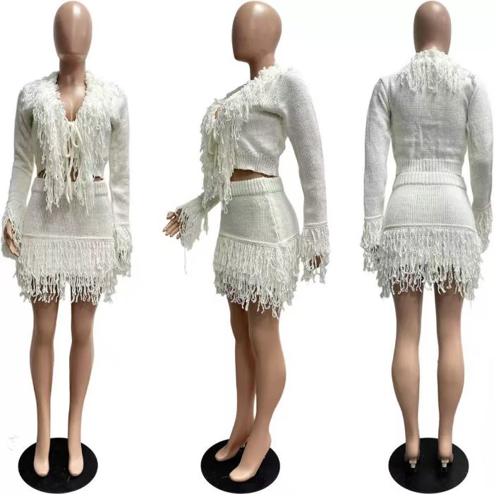 Knitted Tassel Crop Top With Mini Skirt Set