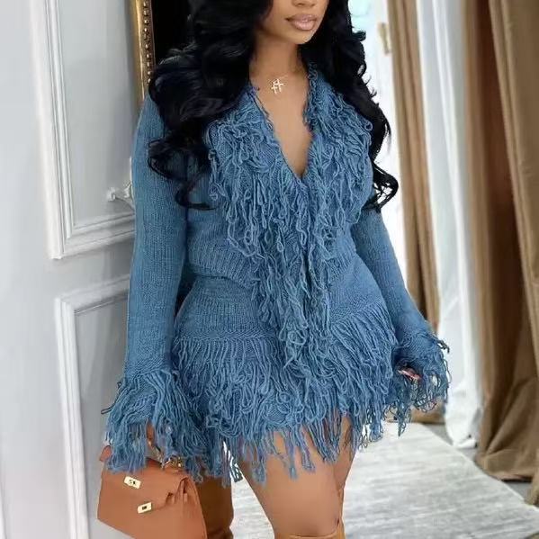 Knitted Tassel Crop Top With Mini Skirt Set