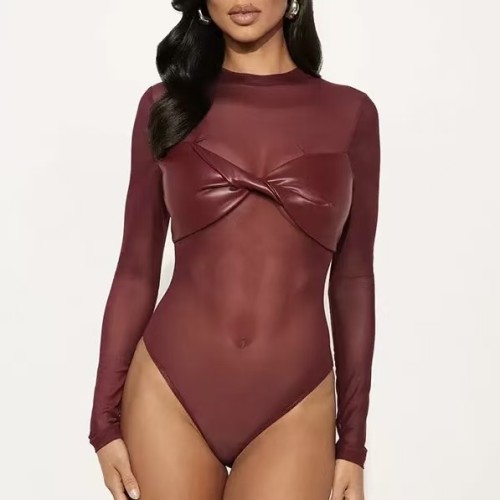 Leather Patchwork Mesh Top