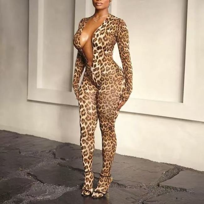 Leopard Deep V One Piece Jumpsuit 