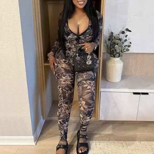 Floral Print Mesh Crop Top With Pants Set 