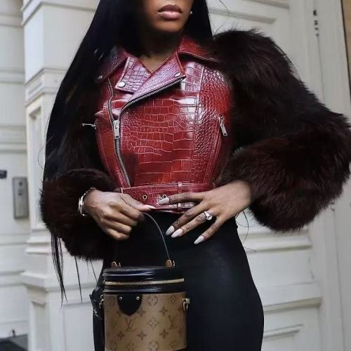 Fuzzy Sleeve Crop Leather Jacket 