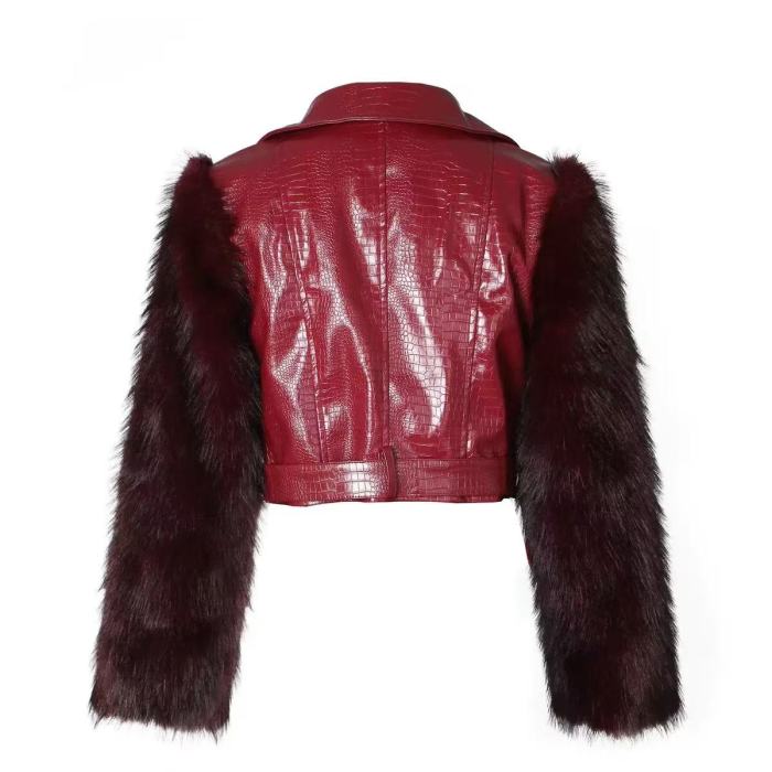 Fuzzy Sleeve Crop Leather Jacket 