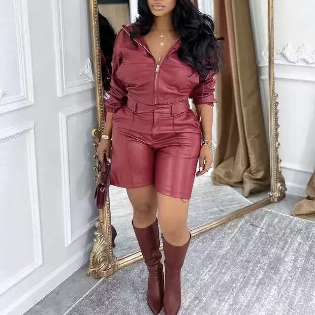 Leather Crop Jacket Wit Shorts Set 