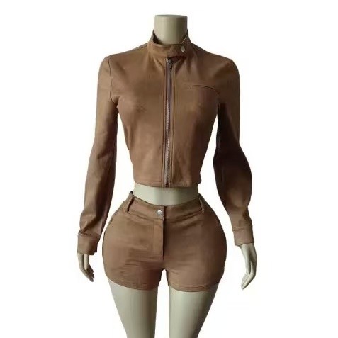 Suede Crop Jacket With Shorts Set 