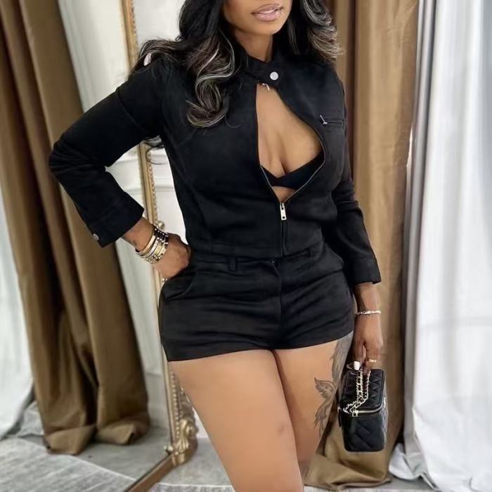 Suede Crop Jacket With Shorts Set 