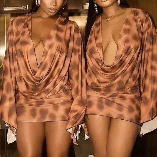 Brown Plunge Deep V Mini Dress