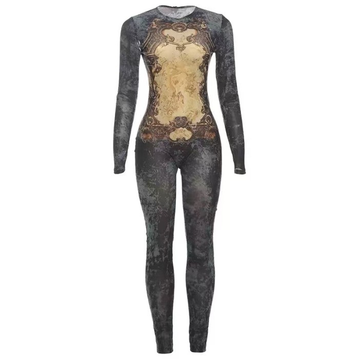 Floral Long Sleeve Mesh Jumpsuit