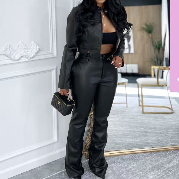 Leather Crop Jacket With Pants Set 