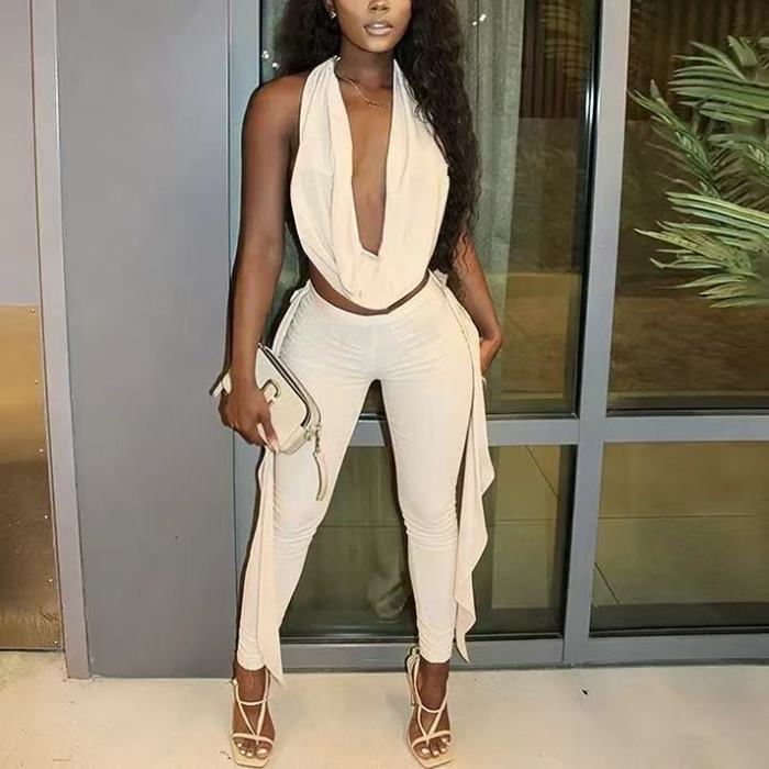 Halter Deep V Crop Top 2 Piece Matching Set