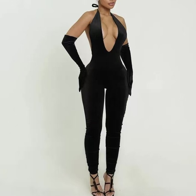 Deep V Halter Jumpsuit With Gloves