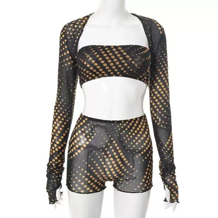 Mesh Polka Dot Crop Top Shorts Set