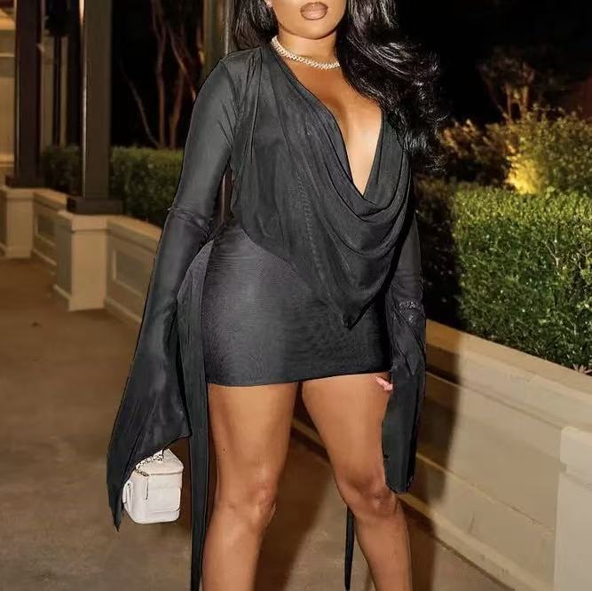 Sexy Deep V Mesh Mini Dress