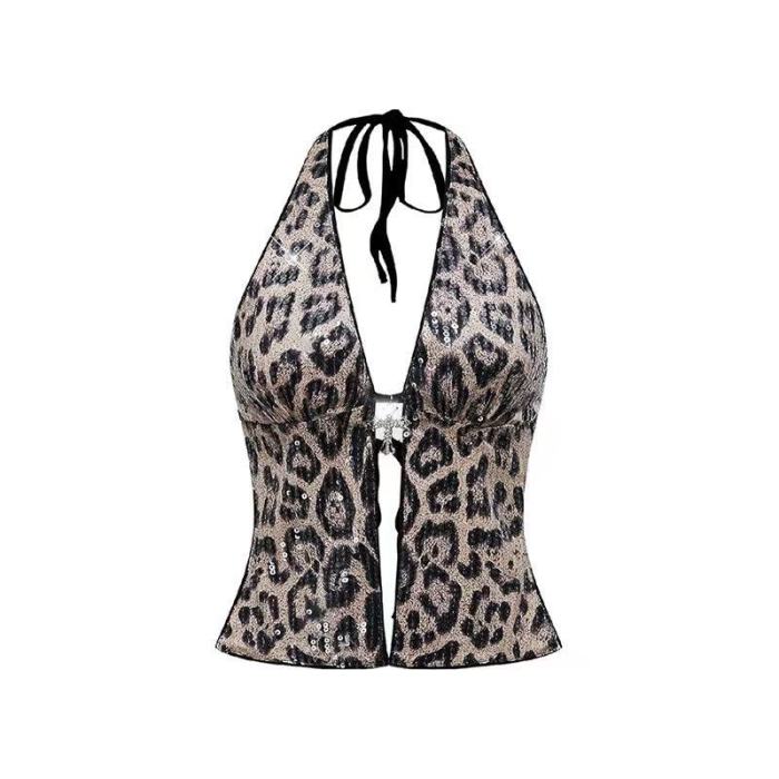 Leopard Sequin Halter Crop Top