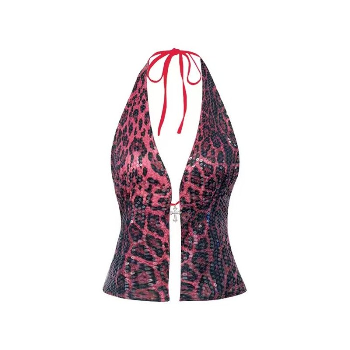 Leopard Sequin Halter Crop Top