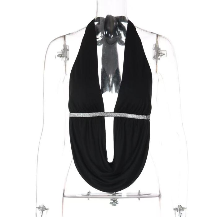 Black Deep V Halter Plunge Top 