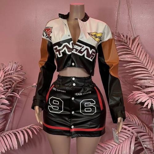 Leather Crop Jacket Mini Skirt Set 
