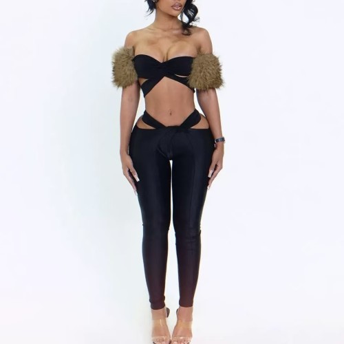 Tube Top With Fur 2 Piece Pants Set