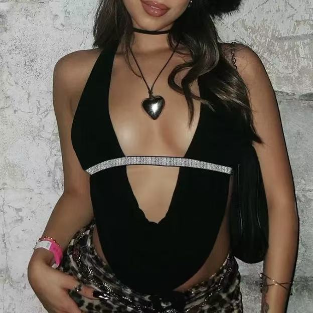 Black Deep V Halter Plunge Top 