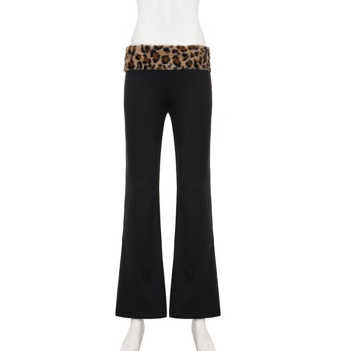 Leopard Fur Patchwork Crop Top Flare Set