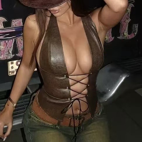 Leather Halter Lace Up Top 