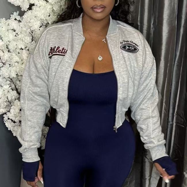 Embroidery Casual Crop Jersey Jacket 