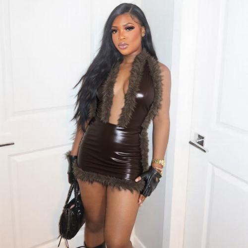 Sexy Fuzzy Leather Mini Dress
