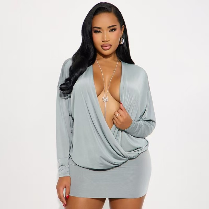 Long Sleeve Deep V Mini Dress