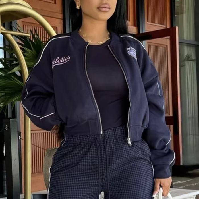 Embroidery Casual Crop Jersey Jacket 