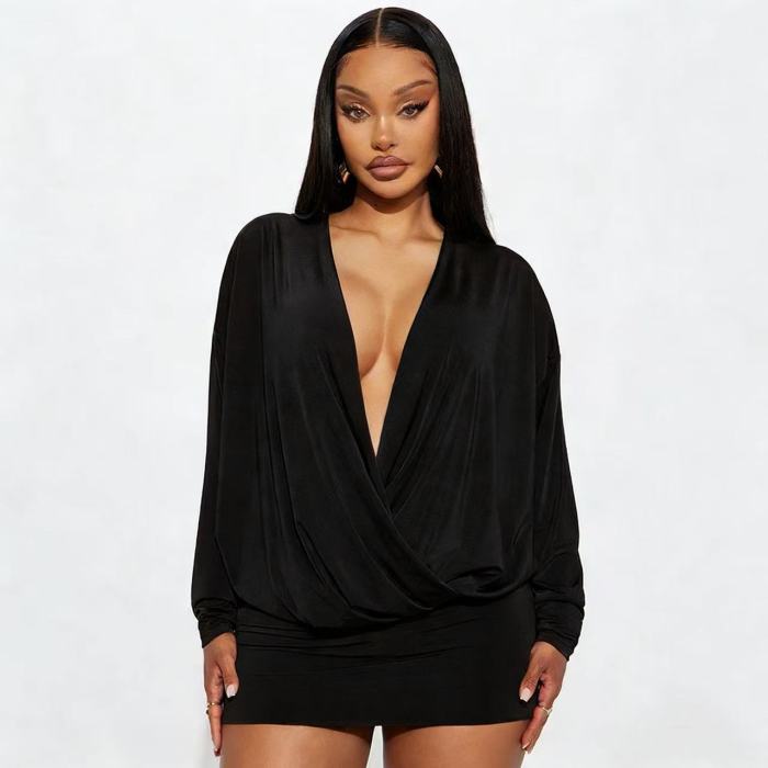 Long Sleeve Deep V Mini Dress