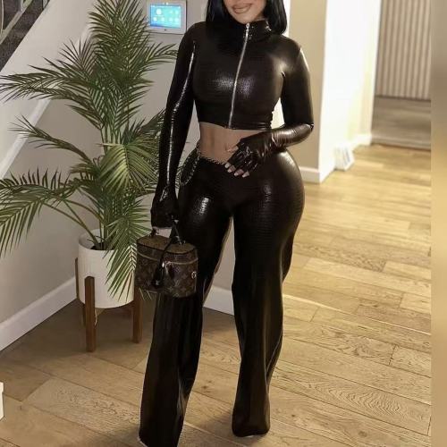 Leather Crop Jacket With Gloves Set 