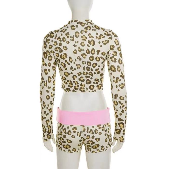Leopard Print Crop Top With Shorts Set 