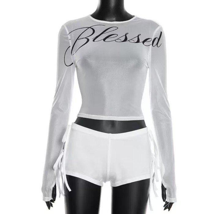 White Mesh Top With Shorts Set 