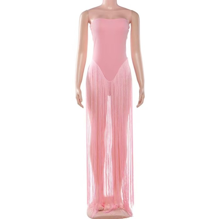 Tube Top Jumpsuit With Tassels