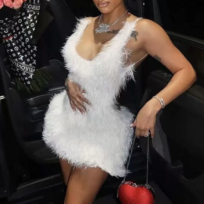 White Fur Mini Dress