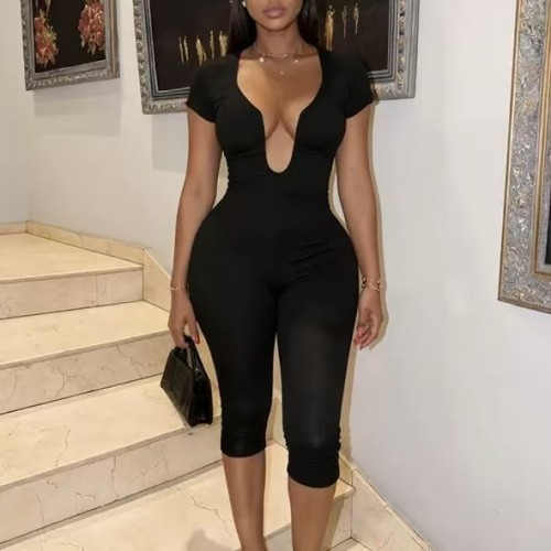 Deep V  One Piece Cropped Jumpsuit