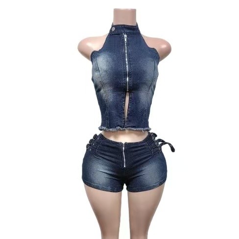Denim Crop Top Shorts Set High Stretch