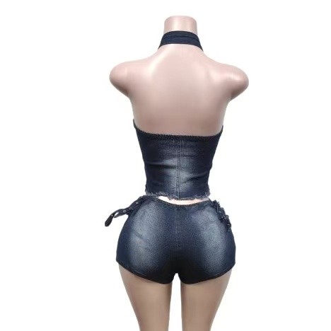 Denim Crop Top Shorts Set High Stretch