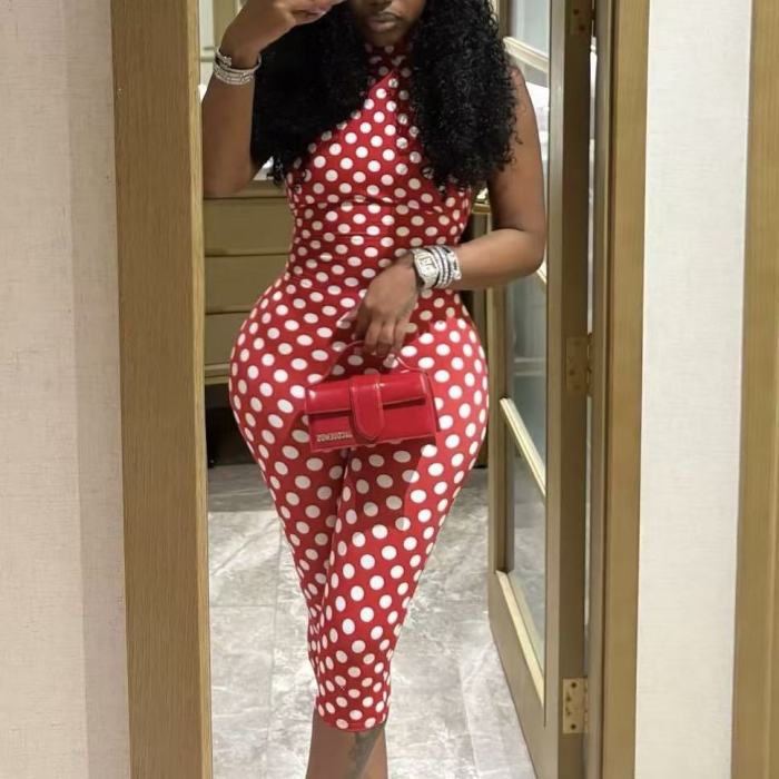 Polka Dot Halter One Piece Cropped Jumpsuit