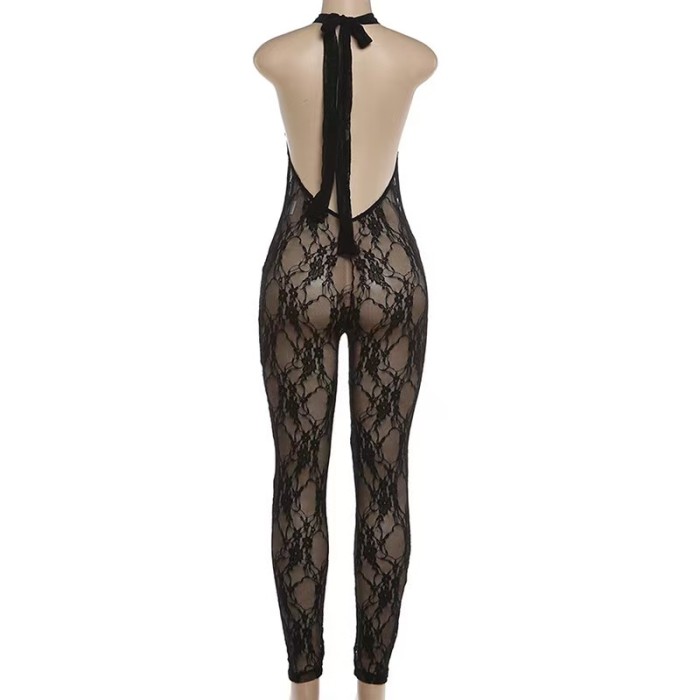 Sexy Mesh Halter Lace Jumpsuit 