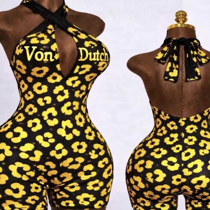 Leopard Halter Short Jumpsuit 