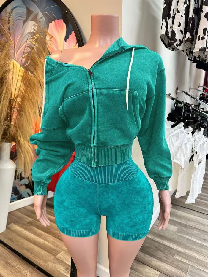 Acid Washed Crop Jacket With Shorts Set