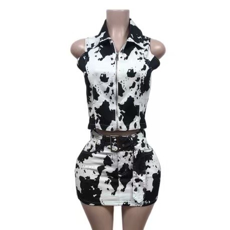 Denim Cow Print Tank Top Skirt Set 