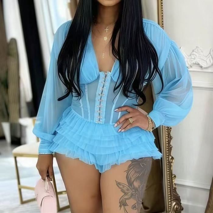 Mesh Long Sleeve Flouncing Jumpsuit 