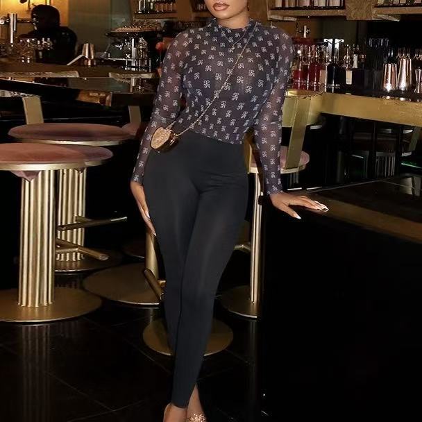 Long Sleeve Mesh Top Jumpsuit 
