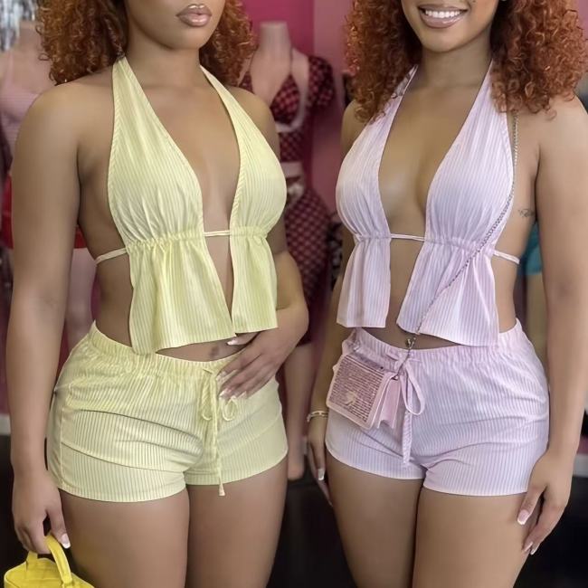 Deep V Crop Top With Shorts Set 