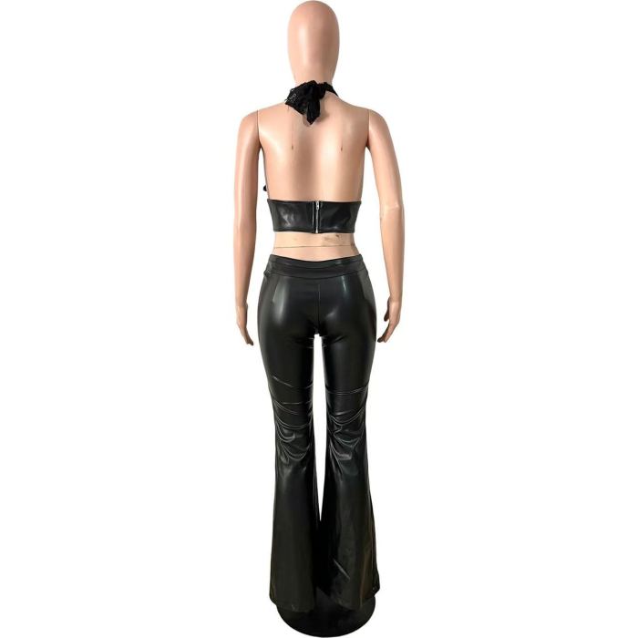 Leather Mesh Patchwork Crop Top Flares Set