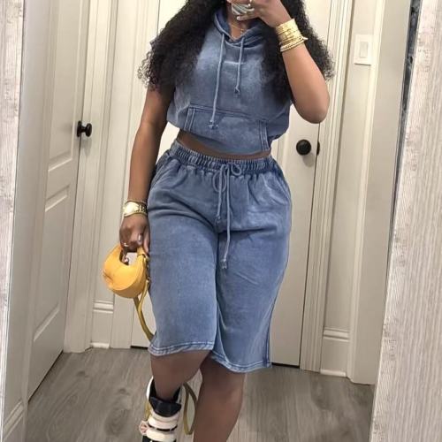 Acid Washed Tank Top Cropped Pants Set 