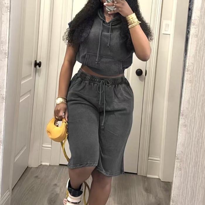 Acid Washed Tank Top Cropped Pants Set 